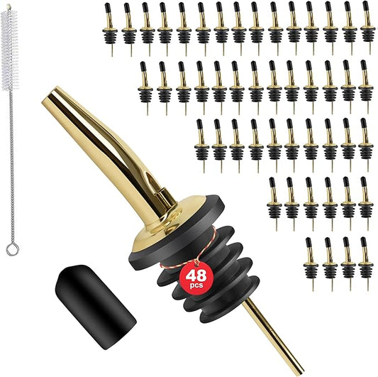 48 Pack Stainless Steel Bottle Pourers for Alcohol, Liquor, and Wine - Bar Accessories, Spouts for Bottles and Dispensers (gold)
