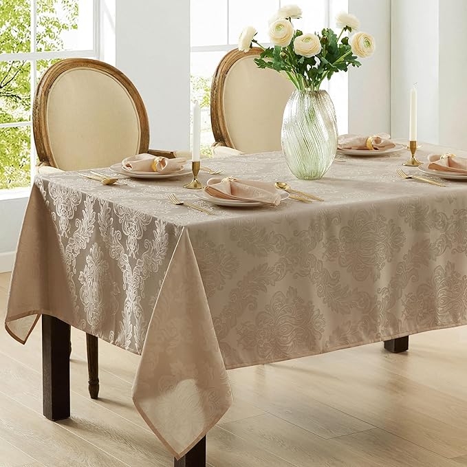 Newbridge Barcelona Luxury Damask Fabric Tablecloth, 70” Extra Wide x 168” Rectangle, Golden Beige, 100% Polyester, No Iron, Soil Resistant Dining Room, Party and Banquet Table Cover