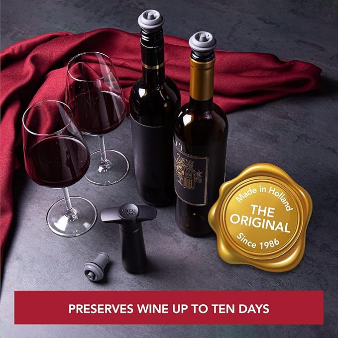Vacu Vin Wine Saver Pump Gray with Vacuum Wine Stopper - Keep Your Wine Fresh for up to 10 Days - 1 Pump 8 Stoppers - Reusable - Made in the Netherlands