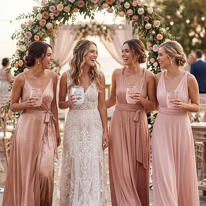 CARAKNOTS Bride Tribe Gifts Bride Tribe Cups Wedding Wine Tumbler for Bridal Shower Bachelorette Party Favor Accessories Pink Bridesmaid Cups Stainless Steel Wine Tumbler with Lid and Straw 12 oz