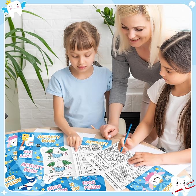 Tooth Activity Books for Kids - 48Pcs Cute Tooth Fairy Mini Games Coloring Book Set Bulk Cartoon Novelty Teeth Themed Mazes Word Search Word Scramble Games for Classroom DIY Art Gifts Party Favors
