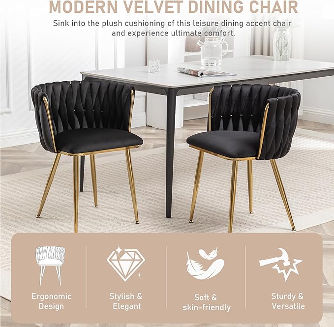 Kiztir Black Velvet Dining Chairs Set of 2, Upholstered Dining Room Chairs with Gold Metal Legs, Modern Dining Chairs with Woven Back for Living Room, Bedroom, Kitchen