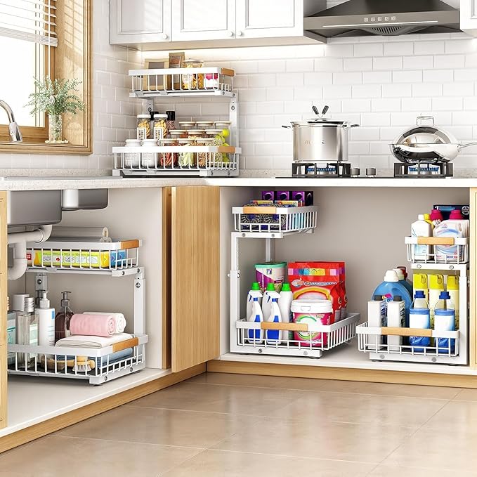 PXRACK Under Sink Organizer,1 Pack,2 Tier Metal Slide out Sink Shelf Pull out Cabinet Organizer Drawers, Under Sink Organizers and Storage for Kitchen Bathroom Pantry Closet Cabinet
