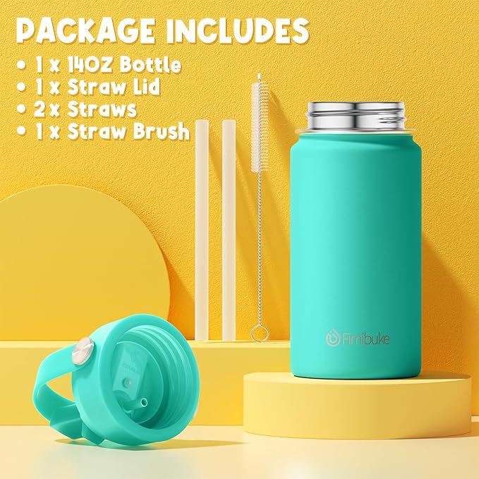 Fimibuke Kids Insulated Water Bottle, 14oz BPA FREE 18/8 Stainless Steel Travel Tumbler Double Wall Vacuum Leak Proof Kids Cup with Straw Metal Water Bottle for School Boys Girls(1 Pack, Mint)