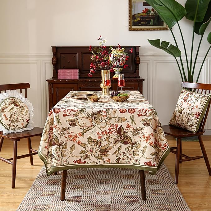 ISAENNE Designer Bohemian Linen Rectangular Tablecloth,Colorful Floral Pattern Table Cloth,Wrinkle Resistant Decorative Tablecloths for Dining Thanksgiving Kitchen Party,55"*87"-Grace A