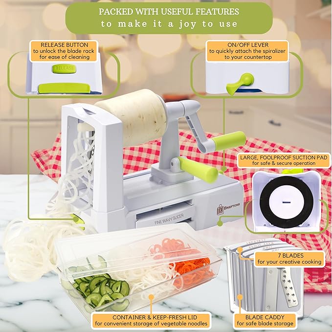 Brieftons 7-Blade Vegetable Spiralizer: Strongest-Heaviest Spiral Slicer, Best Veggie Pasta Spaghetti Maker for Low Carb/Paleo/Gluten-Free Meals, With Container, Lid, Blade Caddy & 4 Recipe Ebooks