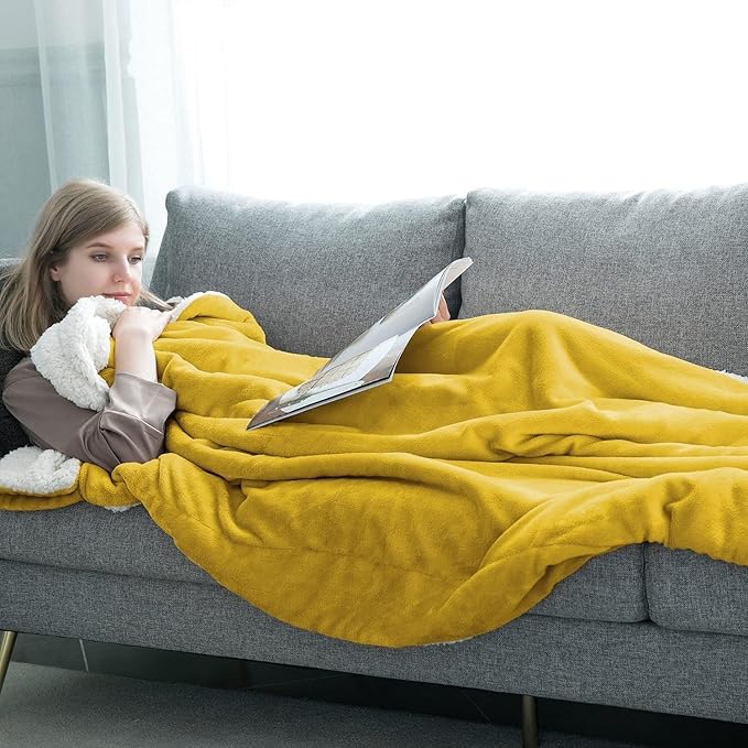 IR Imperial Rooms Sherpa Fleece Throw Blanket Twin Size for Couch - Thick and Warm Fluffy Blankets for Winter, Soft and Fuzzy Twin Blanket for Bed, Yellow, 60x80 Inches