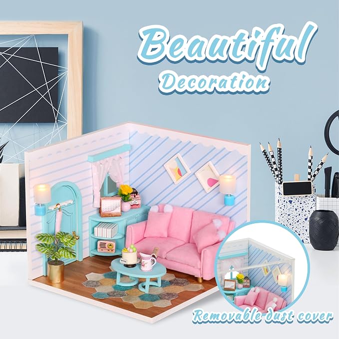 Kisoy Dollhouse Miniature with Furniture Kit, DIY 3D Wooden DIY House Kit A Corner of a Small Apartment Style with Dust Cover & LED, Handmade Tiny House Toys for Adults and Teens Gift（Living Room）