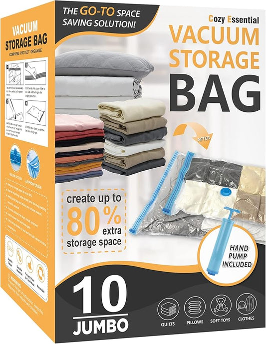 10 Jumbo Vacuum Storage Bags, Space Saver Bags Compression Storage Bags for Comforters and Blankets, Vacuum Sealer Bags for Clothes Storage, Hand Pump Included
