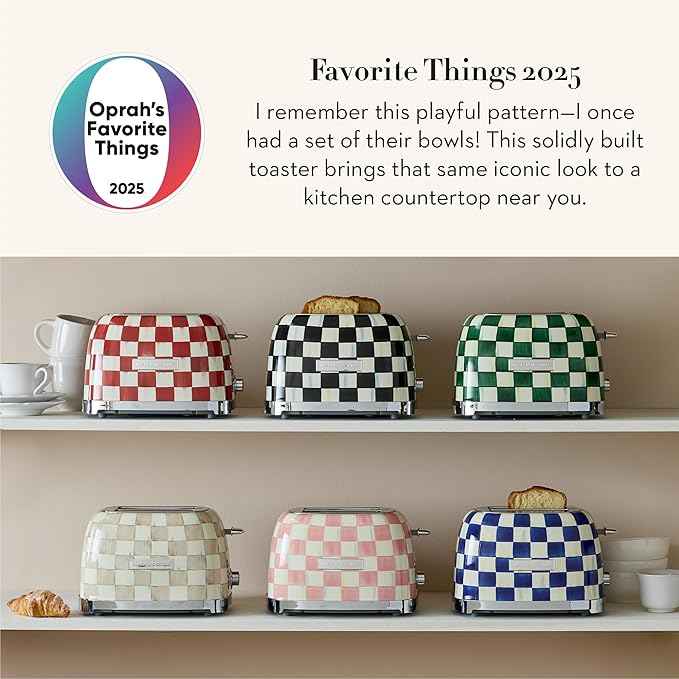 MACKENZIE-CHILDS 2-Slice Toaster, Decorative Toaster for Kitchen, Pink-and-White Rosy Check