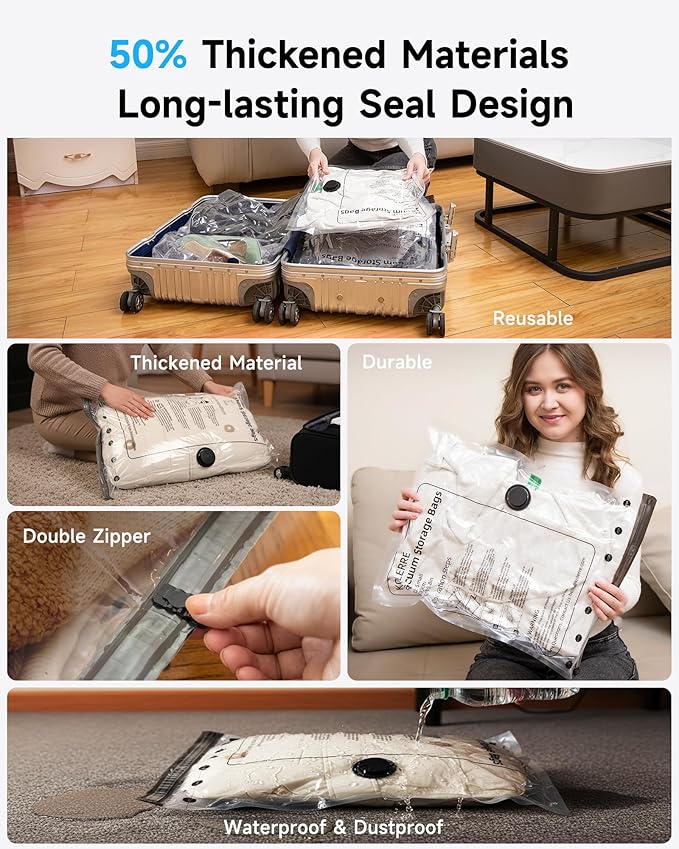 12 Pack Travel Vacuum Seal Bags with Rechargeable Electric Pump, 4 Sizes Space Saver Vacuum Storage Bags for Luggage, Suitcase & Home Organization, Reuseable Vacuum Seal Bags for Clothing
