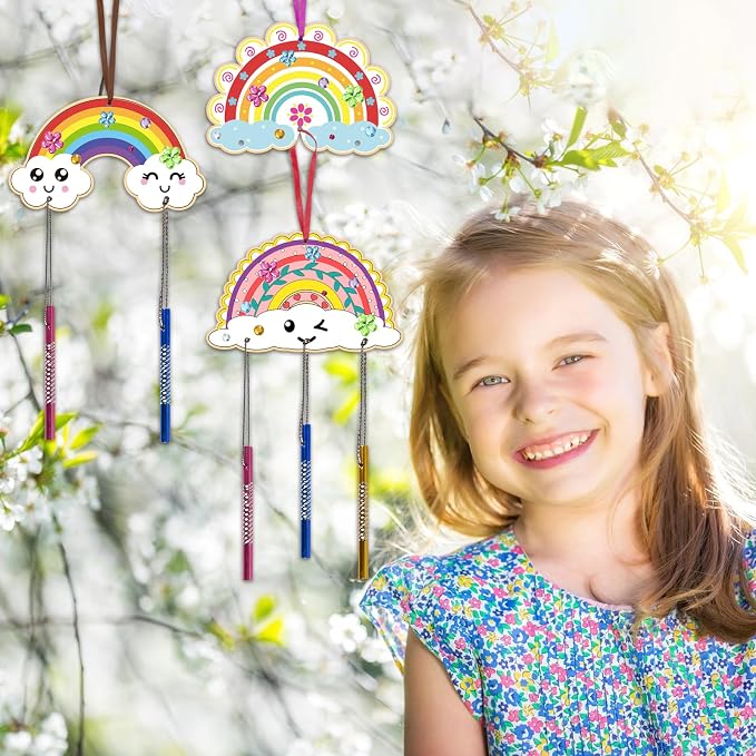 Fennoral 10 Rainbow Wind Chime Craft Kits for Kids Make Your Own Wind Chime Ornament DIY Coloring Wooden Art and Craft for Classroom Art Projects Spring Summer Birthday Decorations