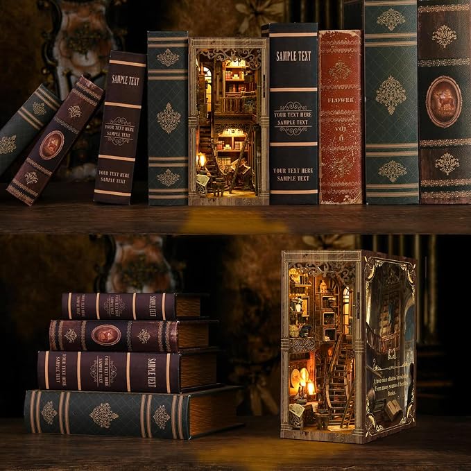 Book Nook Kit, DIY Miniature House Kit, Mini House Building Kit, Miniature Dollhouse Kit for Adults and Teens, 3D Wooden Puzzles with LED Light, Bookshelf Craft Kit (Ancient Book Collection Room)