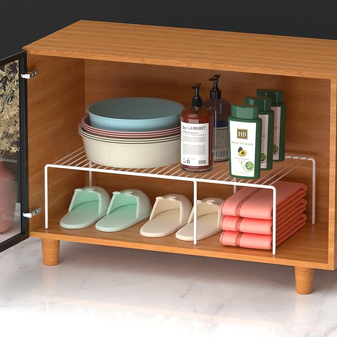 Kitchen Cabinet Expandable Shelf Organizers Set of 6, Adjustable Metal Wire Pantry Storage Shelves, Plate Dish Organizer Rack for Cabinets, Cupboard, Counter, Freezer, Countertop, White