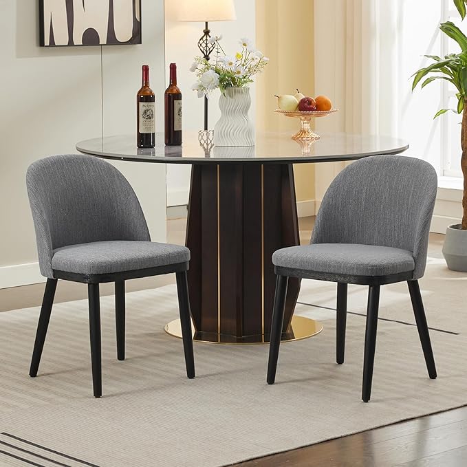 Wooden Dining Chairs Set of 2,Upholstered Kitchen Dining Room Chairs with Curved Backrest and Wood Leg,Modern Fabric Farmhouse Dinner Chair for Restaurant/Cafe,Grey