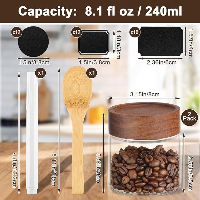 Glass Jars with Airtight Lid, 2 Pack 8oz 240ml Glass Storage Jars with Wood Lids, Screw Top Wide Mouth Kitchen Canister, Sugar and Coffee Containers for Tea, Spice, Candy, Oatmeal, Bean, Herb