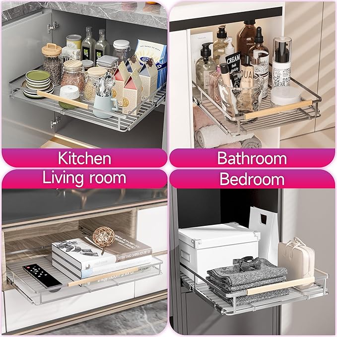 SUZLON Pull Out Cabinet Organizer, Expandable(20.9"~37.9") Cabinet Drawers Slide Out, Adjustable Width Roll 0ut Shelf Cabinet Organizer for Kitchen Base Cabinet Organization (X-Large, 2Pack)