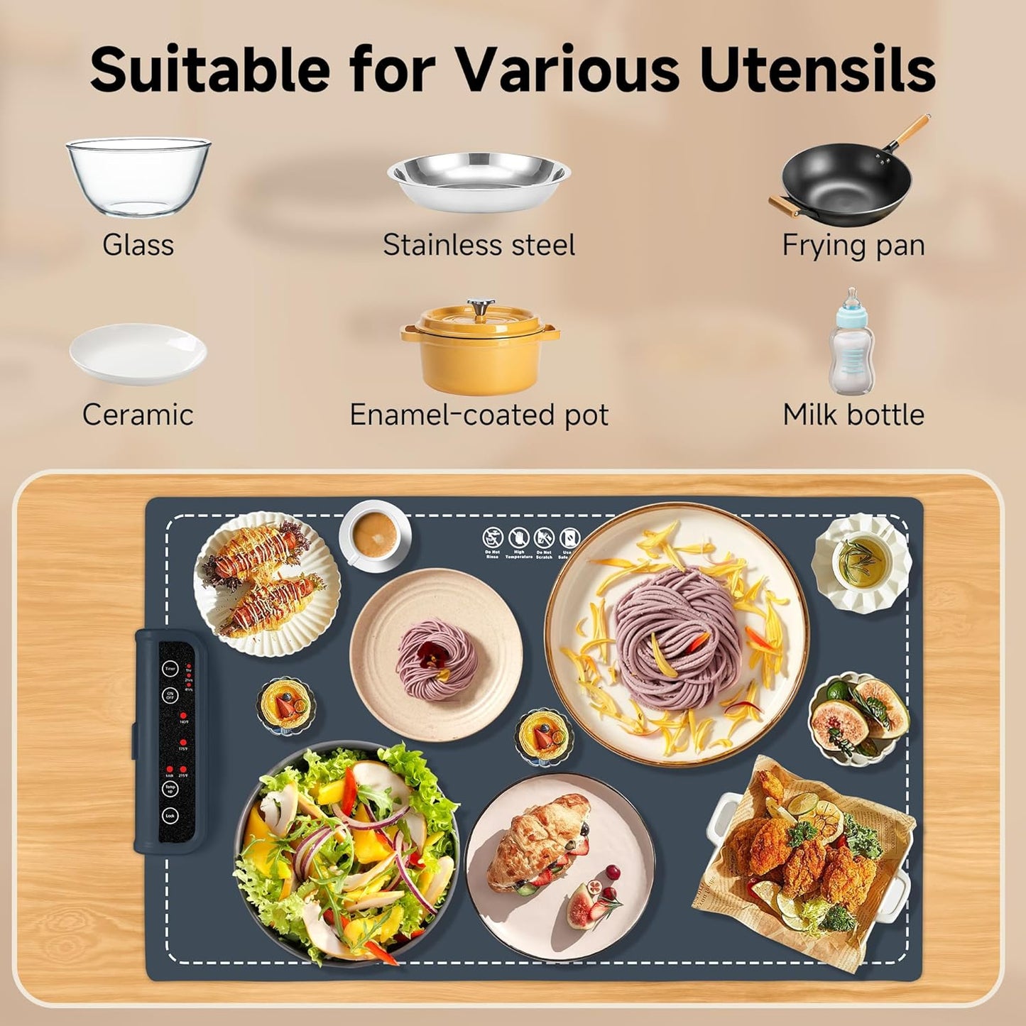 Food Warming Mat- Foldable Warming Mat for Food with Adjustable Temperature Control Time Moders Locking Function Electric Warming Tray for Parties,Home,Travel,Buffet Dark Blue
