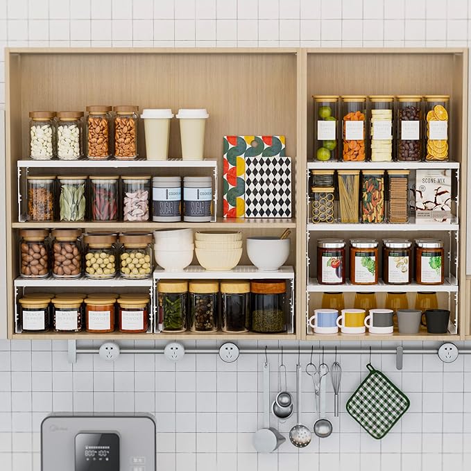 Stackable Expandable Metal Shelf Organizer - Adjustable Wire Storage Rack with Holes for Kitchen, Bathroom, Cabinet, Office - Space Saving, Durable & Sturdy Design（1PACK/Medium/White