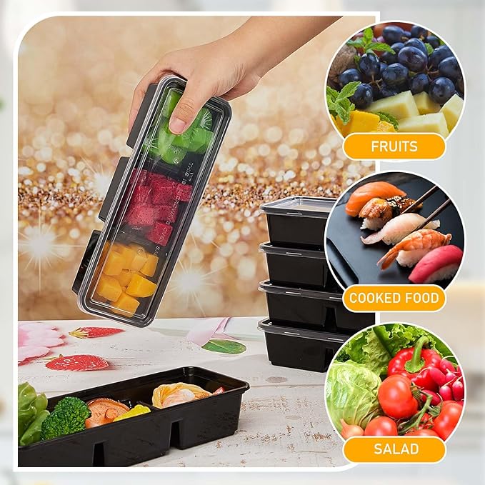 Hushee 100 Pack 17 oz Small Meal Prep Containers with 3 Compartments Snack Containers with Lid Disposable Plastic Bento Box Travel Lunch Food Boxes Stackable for Office Picnic (Black)