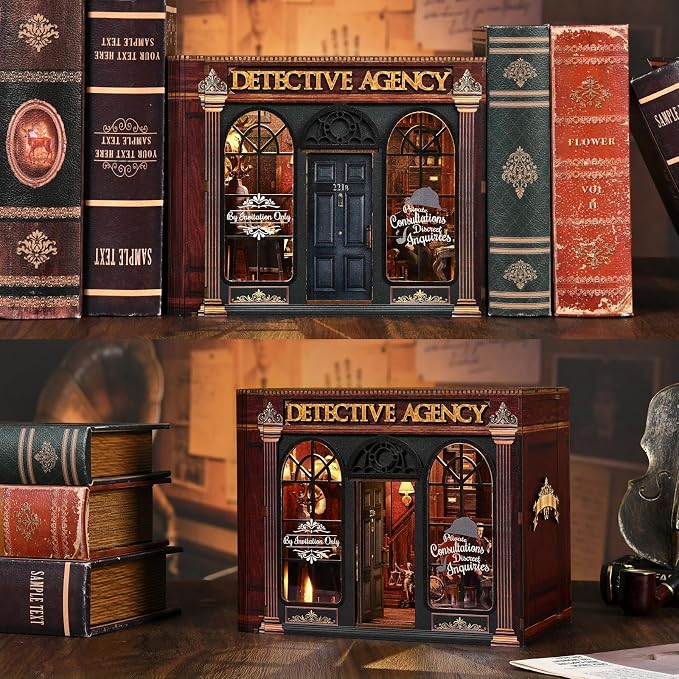 DIY Miniature House Kit, Dollhouse Detective Agency for Adults to Build, Birthday/Christmas Day Gift for Family and Friends, Prefab Tiny Home with LED Lights,Pipe & Deduction