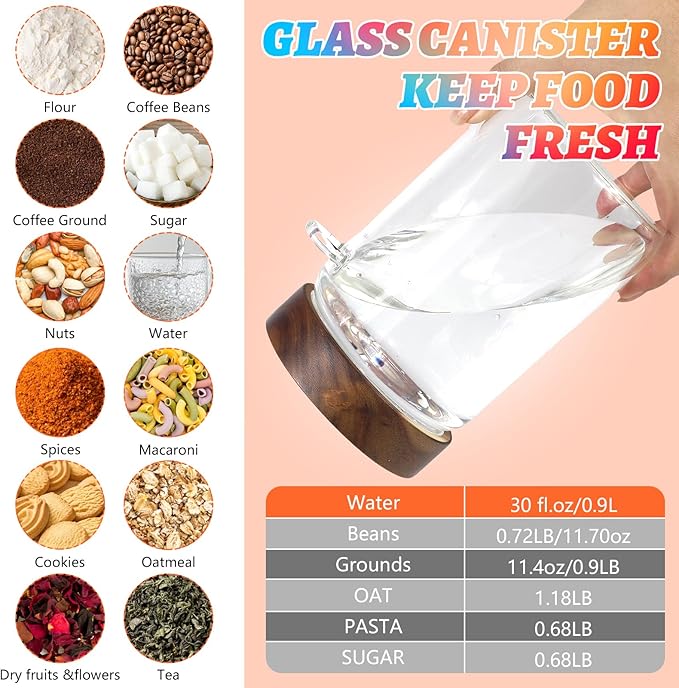 Glass Coffee Jars with Scoop Glass Jar Airtight Lid Seasoning Containers Glass Spice Jar Pantry Storage Containers for Kitchen Sugar Coffee Bean Nuts Cookies Herbs (900ml/30oz-2 pack -with spoon)