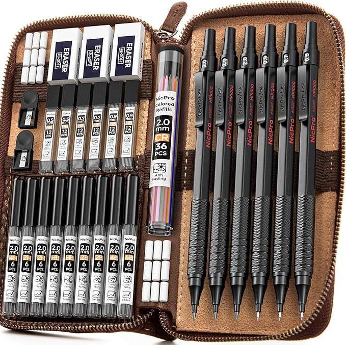 Nicpro 30PCS Black Metal Mechanical Pencil Set in Leather Case, Art Drafting Pencil 0.5, 0.7, 0.9 mm, 2mm Lead Pencil Holders for Sketching Drawing With 16 Tube (6B 4B 2B HB 2H 4H Colors)Lead Refills