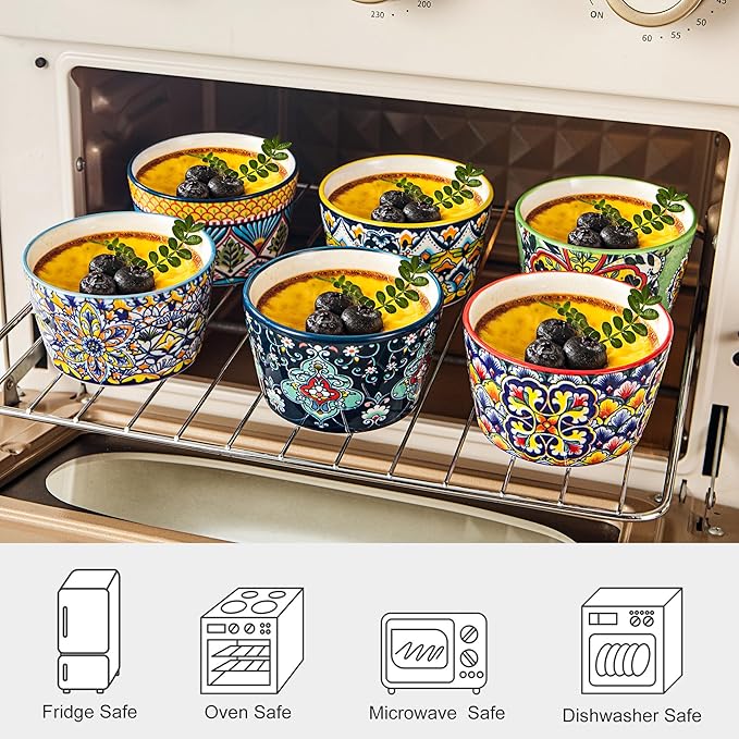 4 oz Ramekins Oven Safe for Creme Brulee – Porcelain Pudding & Custard Cups – Small Serving Bowls for Single-Serve Desserts, Dips & Sauces, Baking Ramekin Set of 6 – Bohemian Style