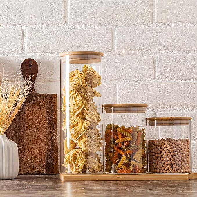 SHOWIN 73oz Glass Pasta Storage Jars, Tall Glass Jars with Bamboo Lids, Spaghetti Container, Set of 3, Kitchen Storage Containers for Pasta, Pantry Organizers