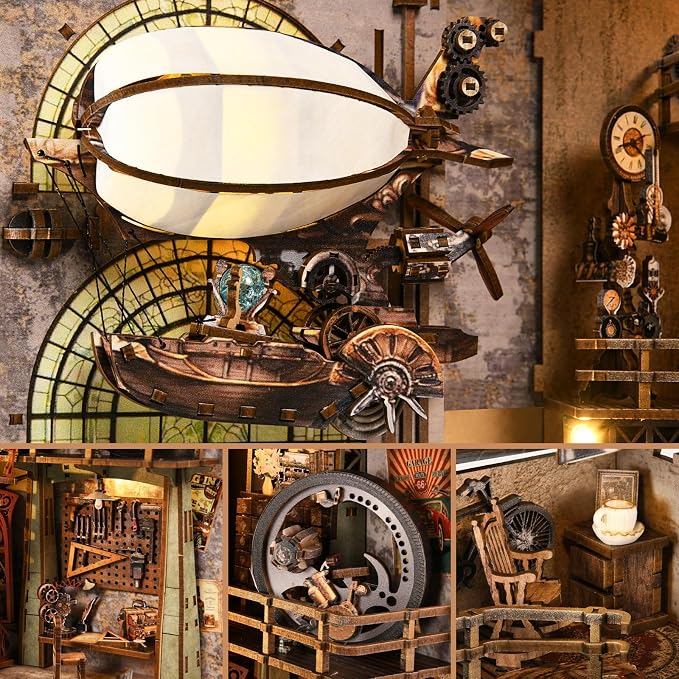 Book Nook Kit, DIY Miniature House Dollhouse Kit 3D Puzzle for Adults | Booknook Bookend Bookshelf Decor Tiny House Model Build with Airship Diorama, Gifts for Family and Friends