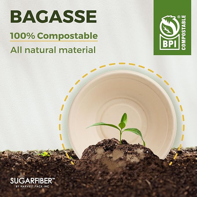 [500 COUNT]Sugarfiber by Harvest Pack PFAS FREE 24oz Round Soup Paper Bowls - Compostable Heavy-Duty Eco-Friendly Disposable Bagasse Bowl sugarcane made plant fibers for Meal Prep