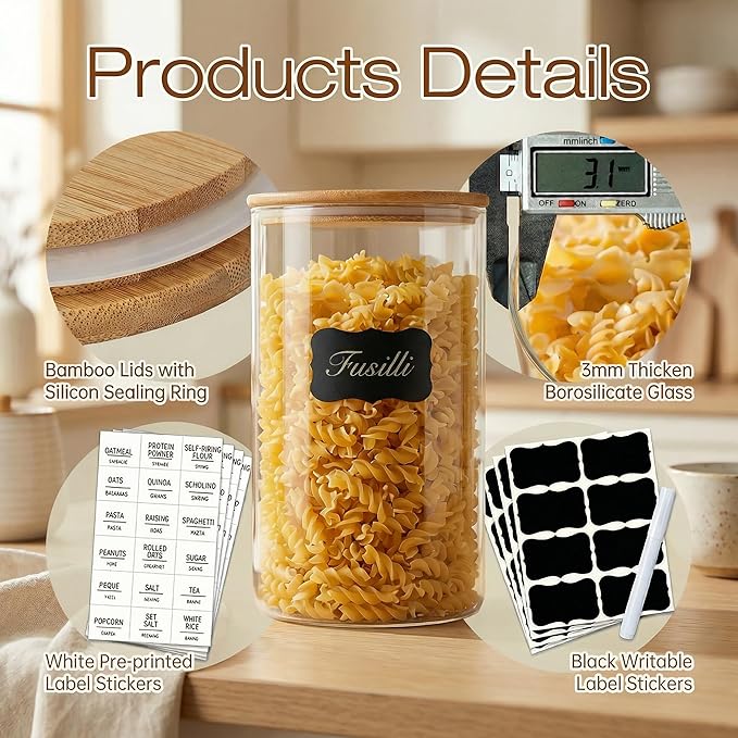 HomArtist Large Glass Flour and Sugar Containers 180oz x2 & 93oz x2 [Set of 4], Glass Food Storage Containers with Bamboo Lids, Glass Jar with Airtight Lid for Spaghetti Pasta,Rice,Cereal,Coffee, Oat