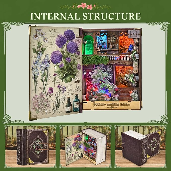 CCCDF Book Nook Kit - DIY Magic Book Miniature Dollhouse Booknook Bookshelf Decor 3D Wooden Puzzle, Gifts for Family, Friends (Potion-Making Edition)