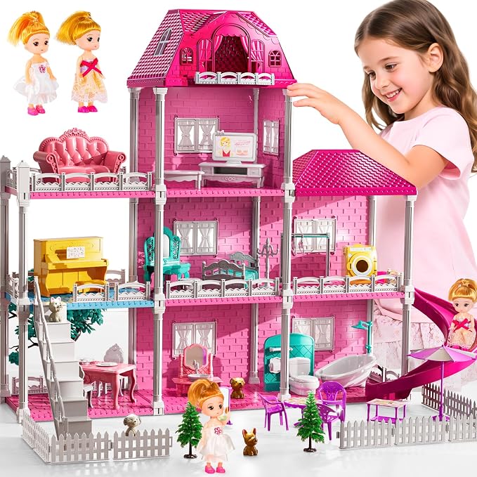 JUKUDAHU Villa Playset for Girls Ages 3-7, Indoor Playset Girls Toys with 3 Storeys 7 Rooms 2 Dolls for Ages 6-8, Furniture and Accessories, Pretend Toddler Toy, Birthday Gifts for Kids 3 4 5 6 7 8