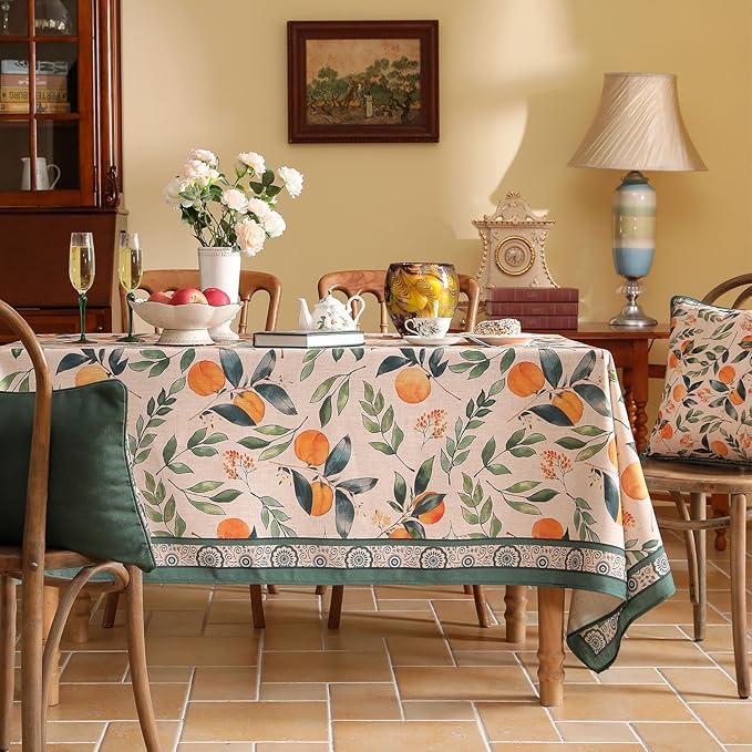 patdrea Designer Vintage Linen Rectangle Table Cloth,Framhouse Oranges and Leaves Pattern French Tablecloth,Fall Decor Cover for Kitchen Dining Christmas,Thanksgiving,55"x87"-Palladin a