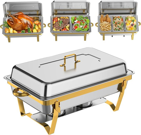 Chafing Dishes for Buffet 4 Pack(Full 1/2 1/3 Size Pan), 9QT Chafing Dish Buffet Set Stainless Steel Buffet Food Warmers Sets for Catering Events Parties Dinners,Gold and Silver