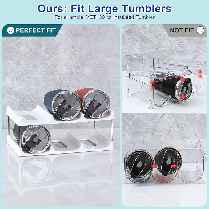 LANDNEOO Stackable Water Bottle Organizer Holder - for Stanley & Others' Large Tumbler Organization - White Plastic Wine Rack, Bottle Holder for Home Countertop Fridge Pantry Shelf, 2 Tier Hold 6