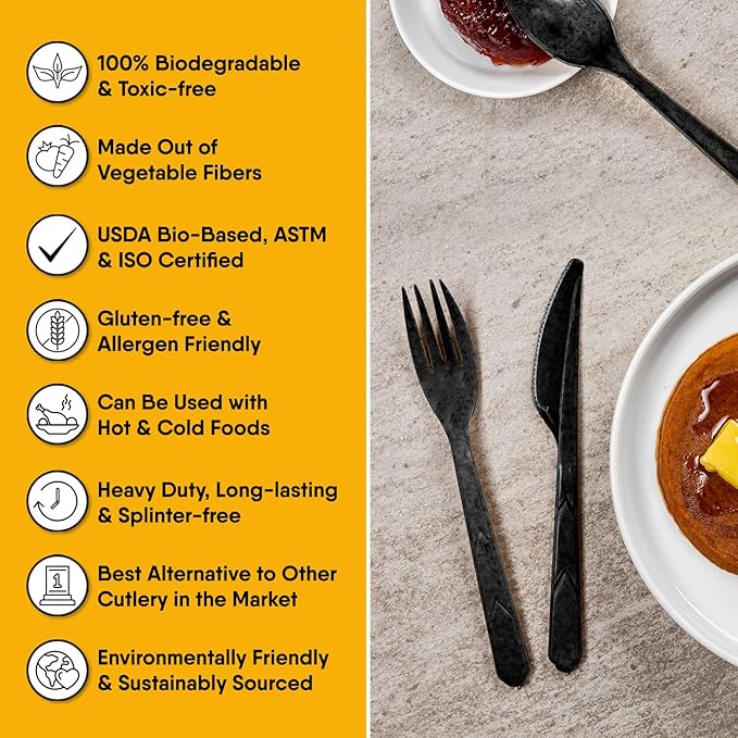 Premium Quality 100% Biodegradable Black Knives Made of Vegetable Fibers, 100 PCS of 6.7” Long Heavy-Duty and Splinter Free Eco-Friendly Black Knives, Sustainable Cutlery for All Types of Occasions