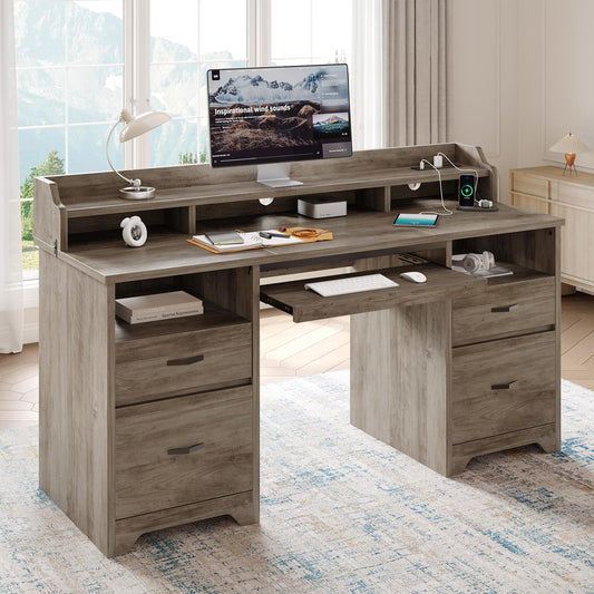 Bestier Farmhouse 59" Executive Desk with Drawers, Wood Computer Desk with Charging Station, Home Office Desk with Keyboard Tray & Monitor Stand, Sturdy Pedestal Desk for Work Study, Grey