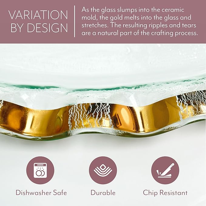 Annieglass Ruffle 19 x 12 Inch Large Shallow Oval Bowl with 24k Gold, Timeless Glass Tableware for all Occasions, Made in the USA
