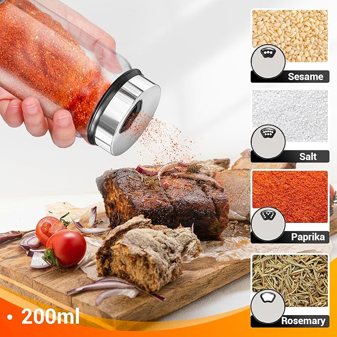 Segarty 7oz Spice Jar with Accessories, 1 Pack 200ml Empty Seasoning Bottle with Shaker Lid for Salt Pepper Sugar Storage, Glass Spices Container with 8 Blank Labels, 1 Cleaning Brush, 1 Chalk Marker