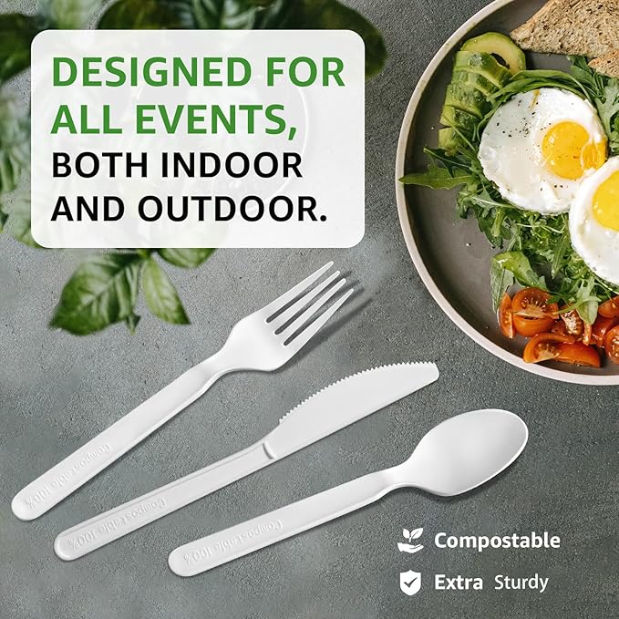 100% Compostable Forks 180 Count Disposable Forks bulk Utensils Set Heavy Duty Fork Silverware Eco Friendly Flatware for Party Camping Picnics Wedding-Ivory White