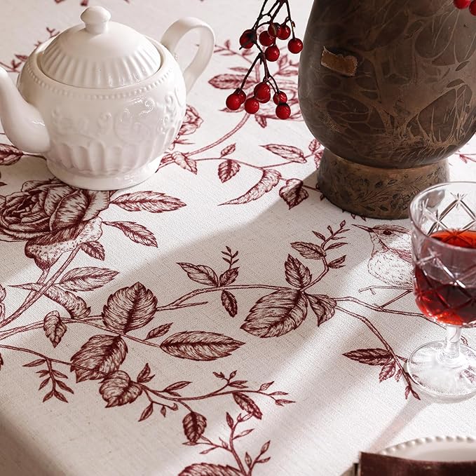 ISAENNE Designer Vintage Linen Rectangular Tablecloth,Red Floral Pattern Linen Stain Resistant Table Cloth,Decor Tablecloths for Dining Thanksgiving Kitchen Tea Party,55"*87"-Harmony