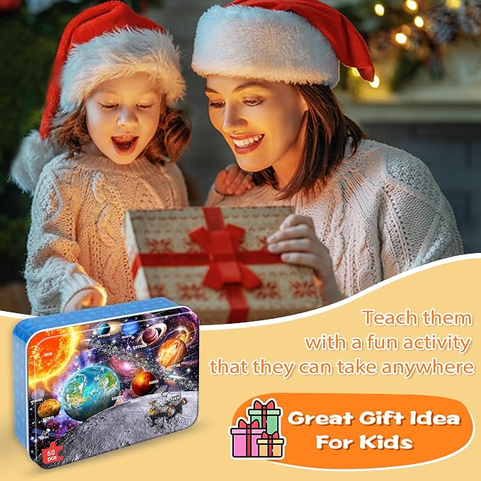 LELEMON Puzzles for Kids Ages 4-6, Space 60 Piece Puzzles for Kids Ages 3-5 in a Metal Box, Educational Jigsaw Puzzles Childrens Puzzle Games Puzzle Toys for Girls and Boys