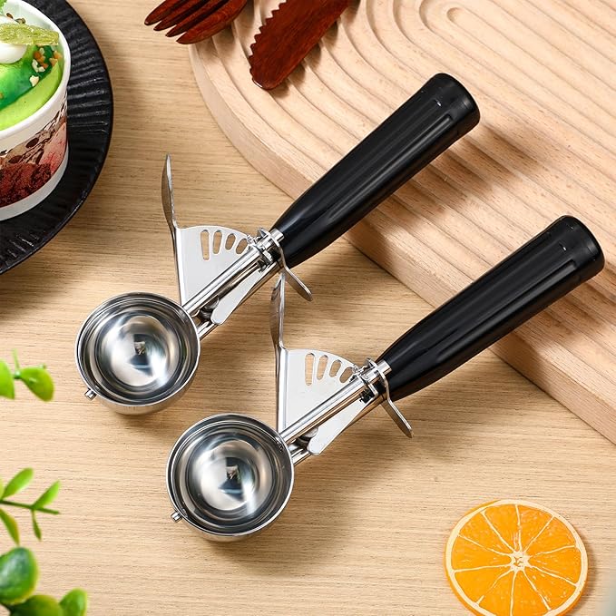 Reallnaive 2 Pcs Release Cookie Scoops Ice Cream Scooper with Trigger Release Portion Scoop Stainless Steel for Portion Control, Baking Food, Cookie Dough (1 oz,Black)