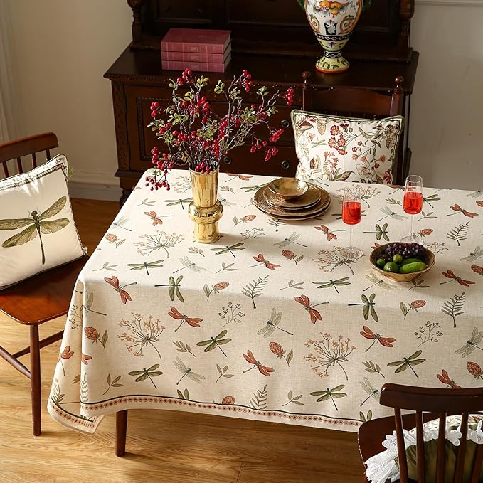 ISAENNE Designer Floral Linen Small Rectangular Tablecloth,French Off White Elegant Table Cloth,Washable Home Decor Tablecloths for Dining Thanksgiving Kitchen Christmas,55"*71"-Grace B