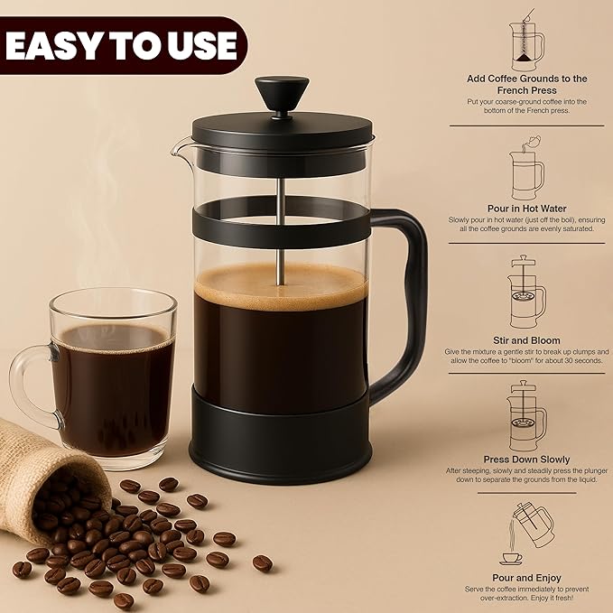 Utopia Kitchen Borosilicate Glass French Press Coffee Maker 34 oz, Heat-Resistant Cafetiere & Tea Maker, Thickened Glass Coffee Press for Travel and Camping, Black (Pack of 2)