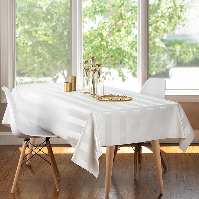 Luxury Table Protector Pad, 2 in 1 Table pad + Great Looking Tablecloth - Heat Resistant, Spill & Stain Proof - Flannel Backing (54x144, White - Silk Stripe)