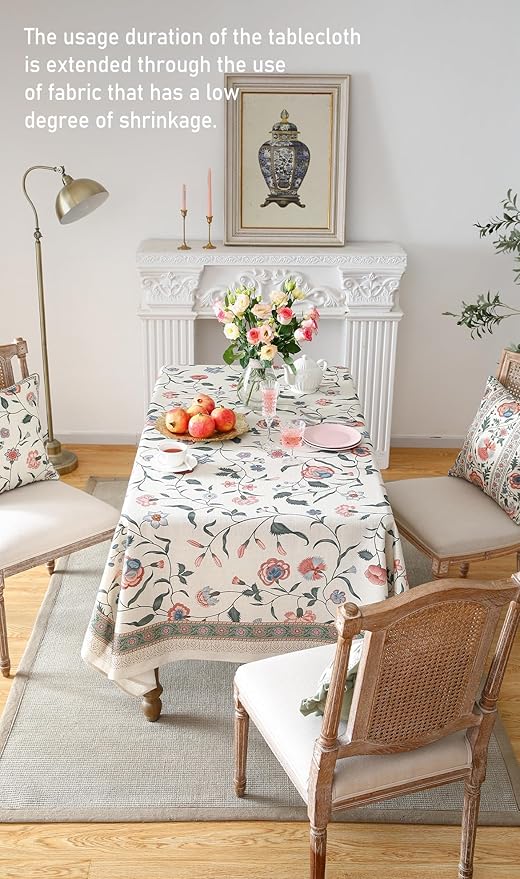 ISAENNE Designer Chinoiserie Linen Floral Long Tablecloth Rectangle,White Wrinkle Resistant Table Cloth,Elegant Decor Tablecloths for Dining Thanksgiving Kitchen Party Christmas,63"*102"-Daffy