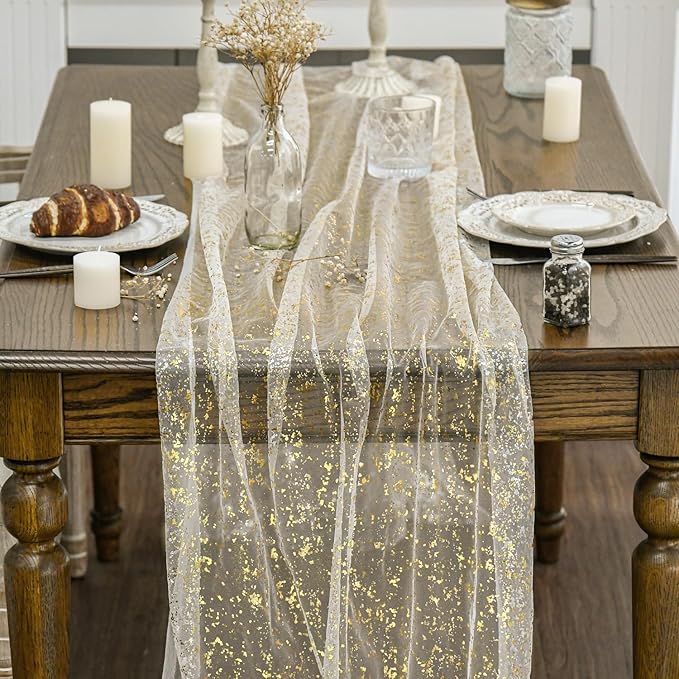 Artoid Mode 6Pcs Beige Gold Gauze Table Runner 120 Inch 10FT, Glitter Metallic Foil Sheer Dining Wedding Anniversary Holiday Birthday Table Decor for Home Party